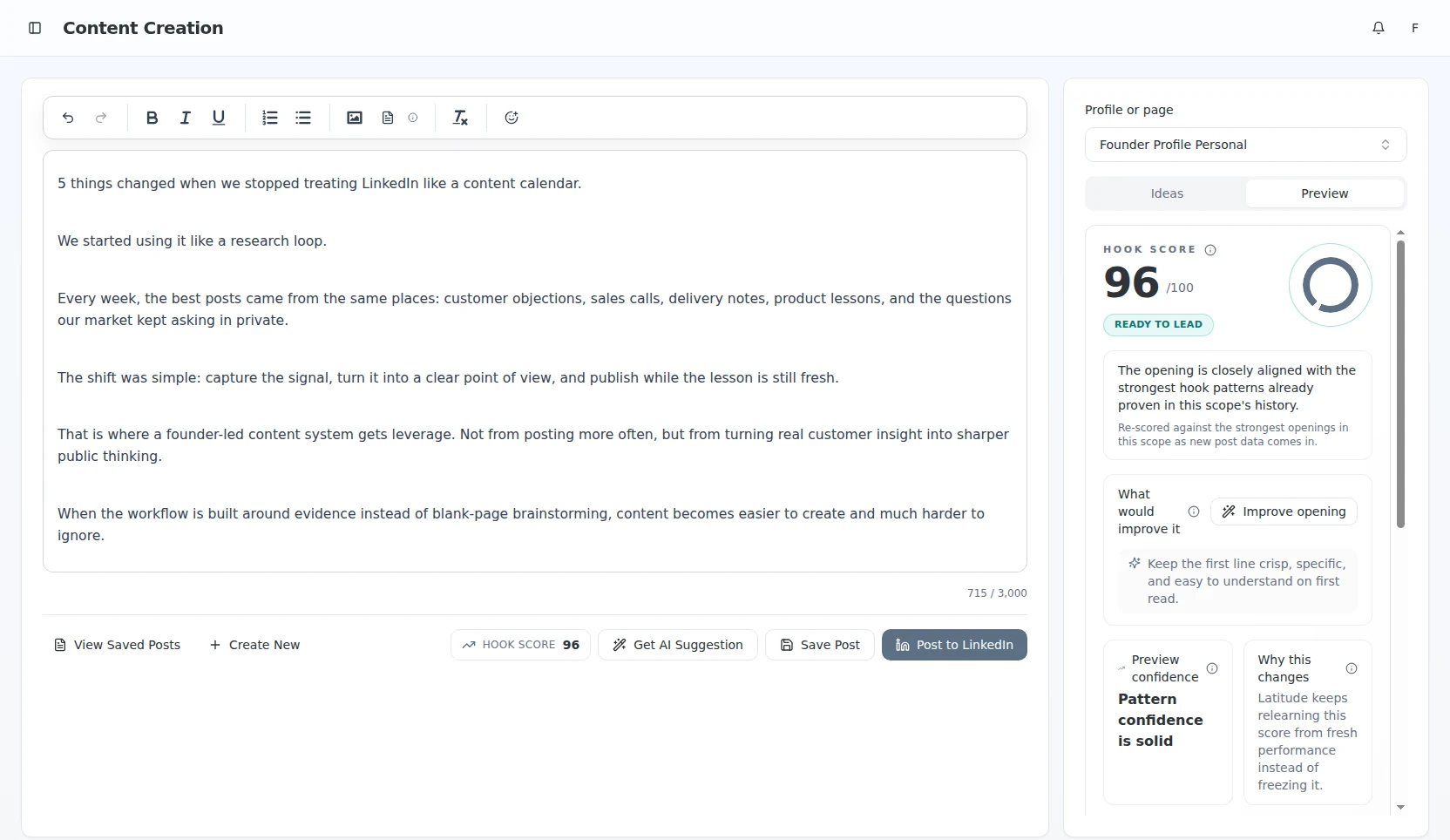 Latitude create workspace showing a LinkedIn post hook score preview