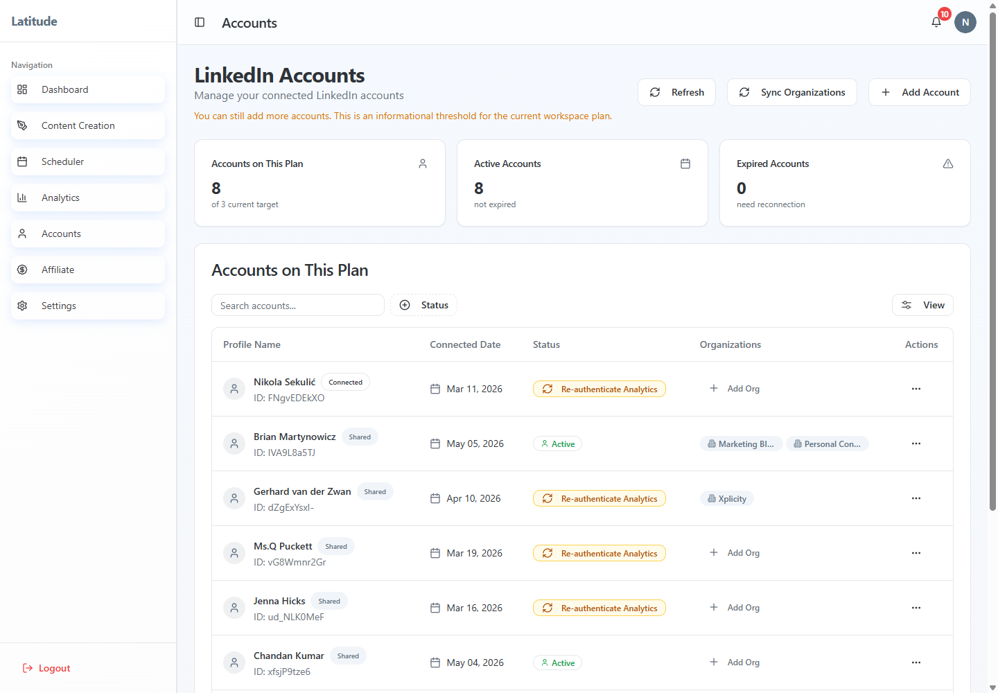 Live Latitude agency Accounts view showing eight plan accounts, shared profiles, organization associations, status, analytics re-authentication, and add organization actions