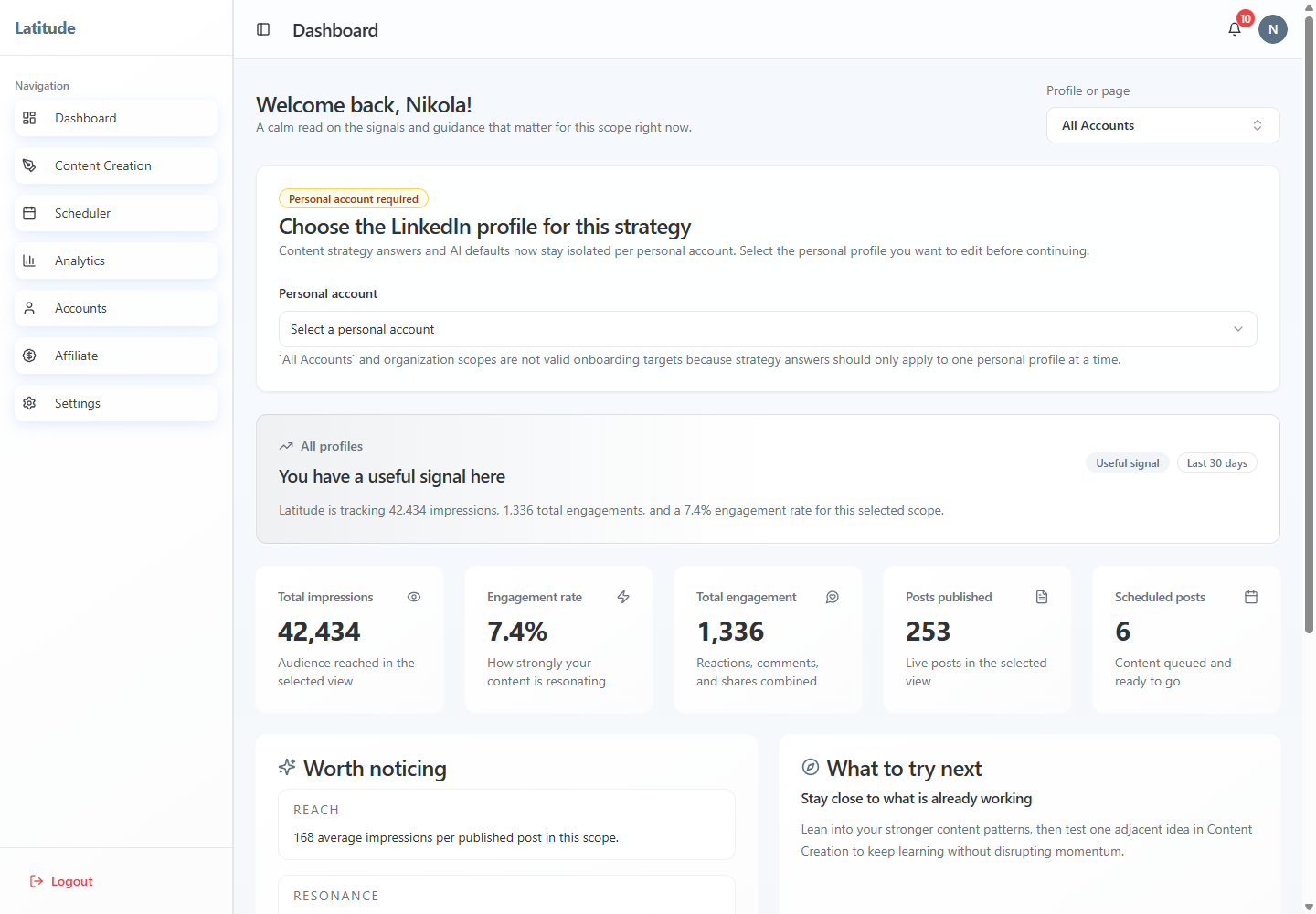 Live Latitude agency Dashboard view with All Accounts selected, rollup impressions, engagement, published posts, scheduled posts, and profile-specific strategy prompt