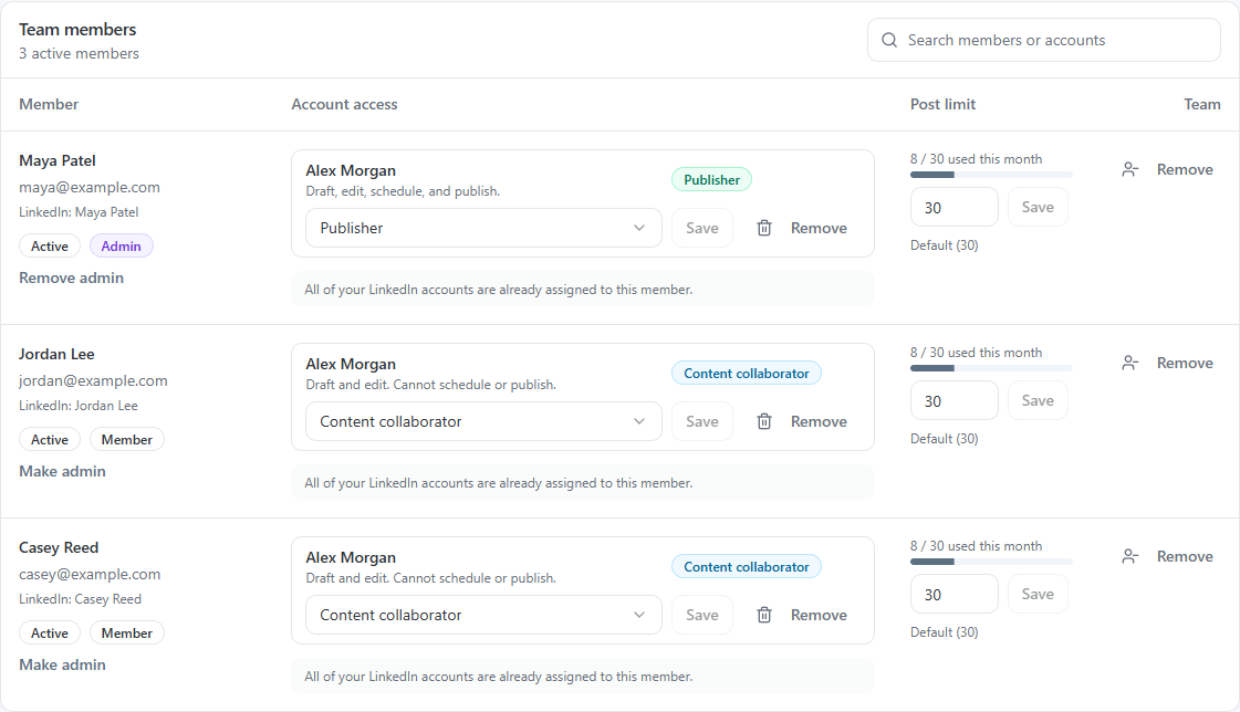 Latitude Team access interface showing three sample members, roles, permissions, and post limits
