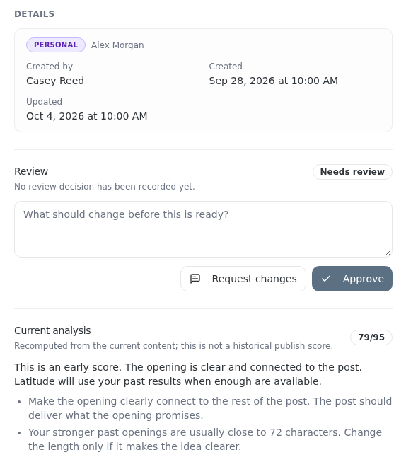 Latitude review showing the author, a feedback field, and Request changes and Approve controls